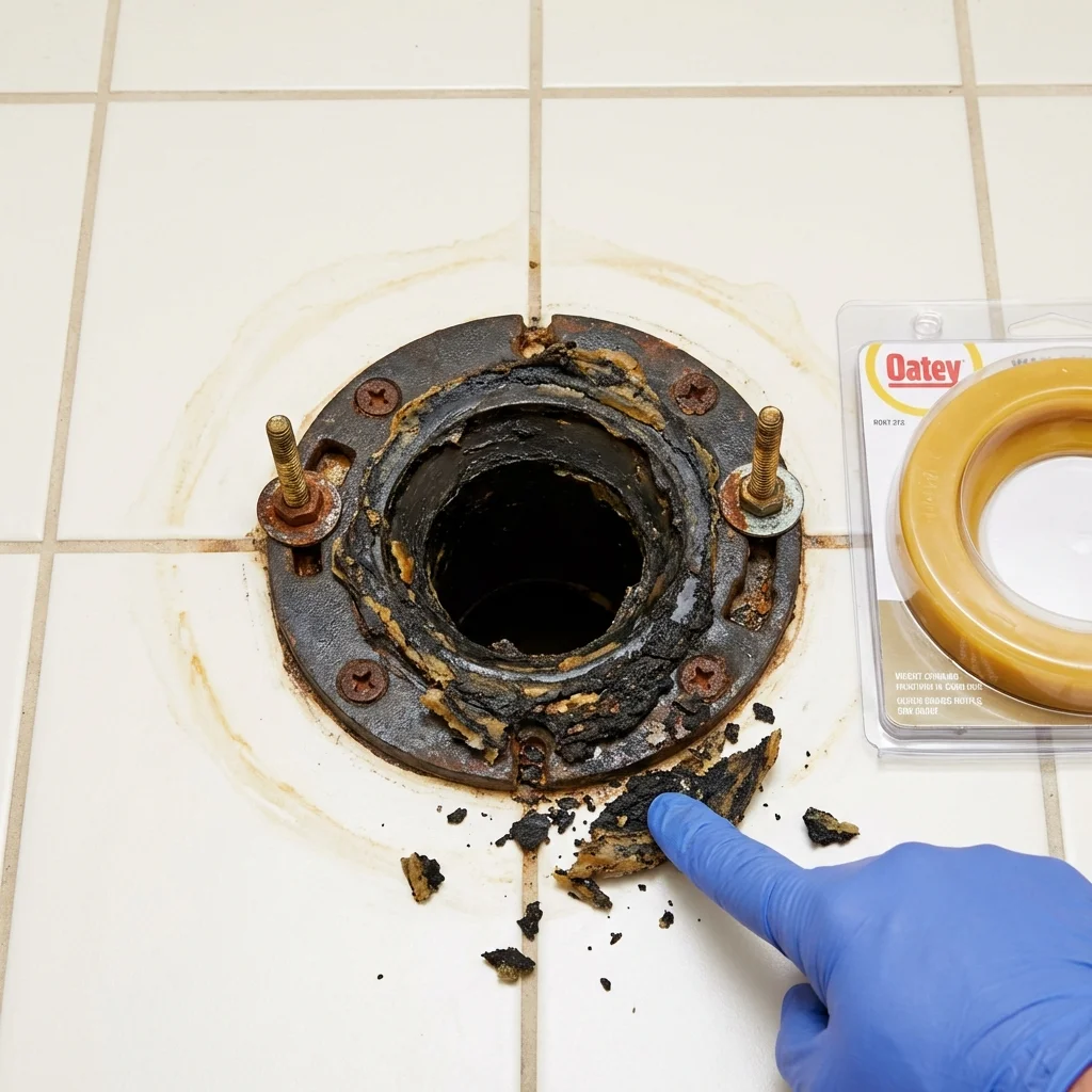 Failed wax ring showing water seepage at the base of a toilet in a Sutton, NE home