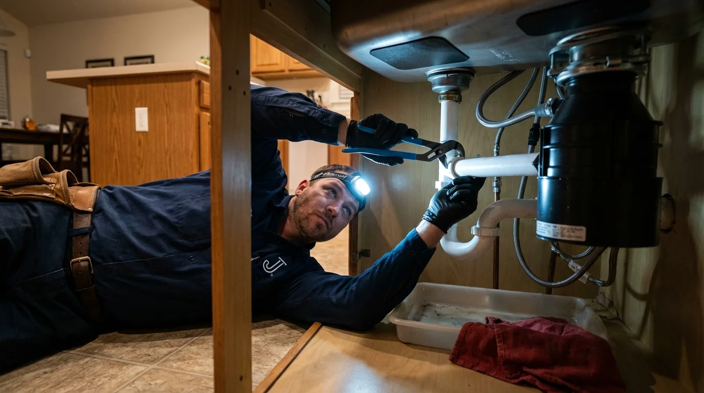 P-trap and supply line connections under a kitchen sink showing a common leak point in Sutton, NE